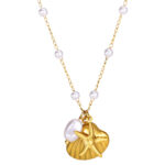 "Starfish and Seashell" Necklace, 18K Gold-Plated Steel