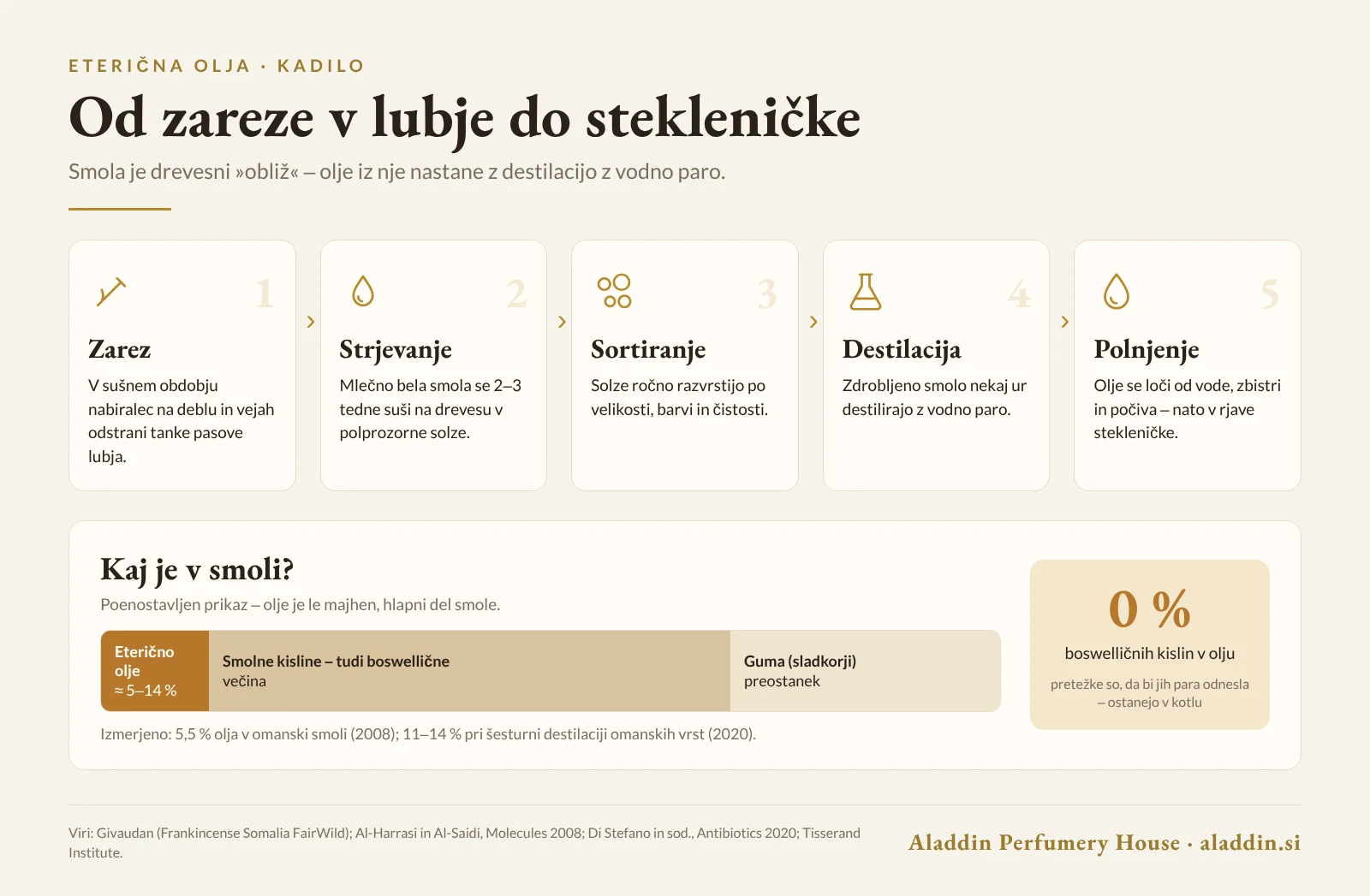 Infografika: od zareze v lubje do stekleničke – nabiranje smole kadila in destilacija olja ter kaj ostane v smoli